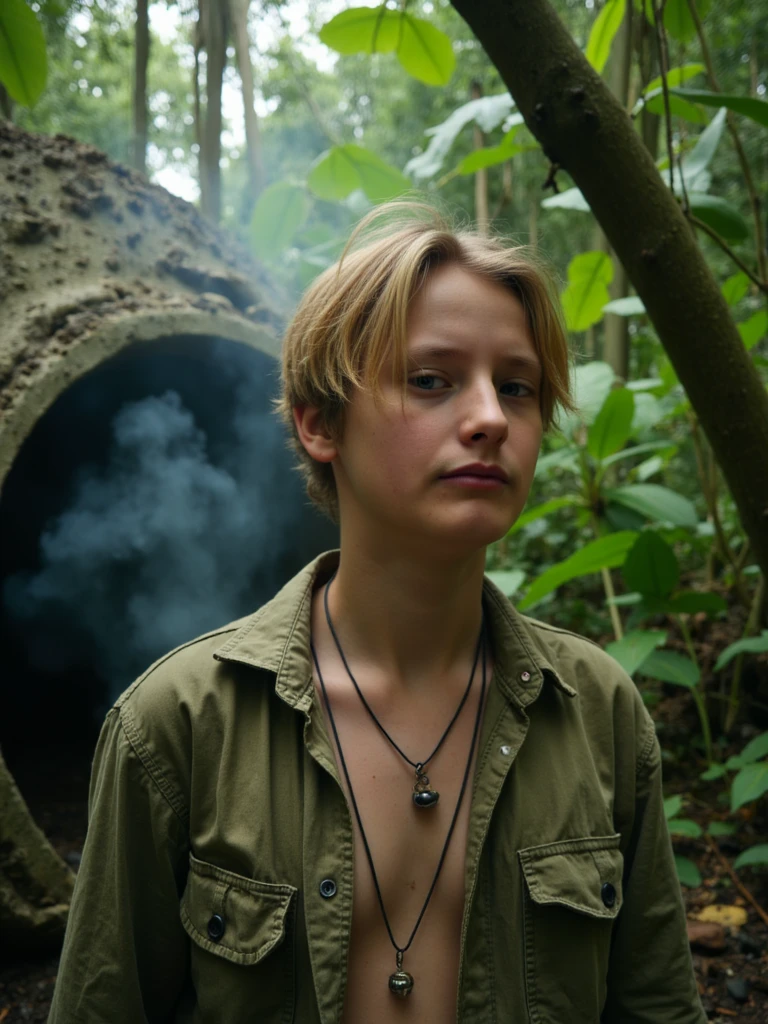 cinematic portrait of person on a tropical island, he is surrounded by lush jungle foliage, dramatic lighting, disheveled appearance, tattered shirt, worried expression, smoke monster in the background, hatch door visible, oceanic airline wreckage, mysterious numbers carved into tree, stunning 4K photography inspired by J.J. Abrams directorial style