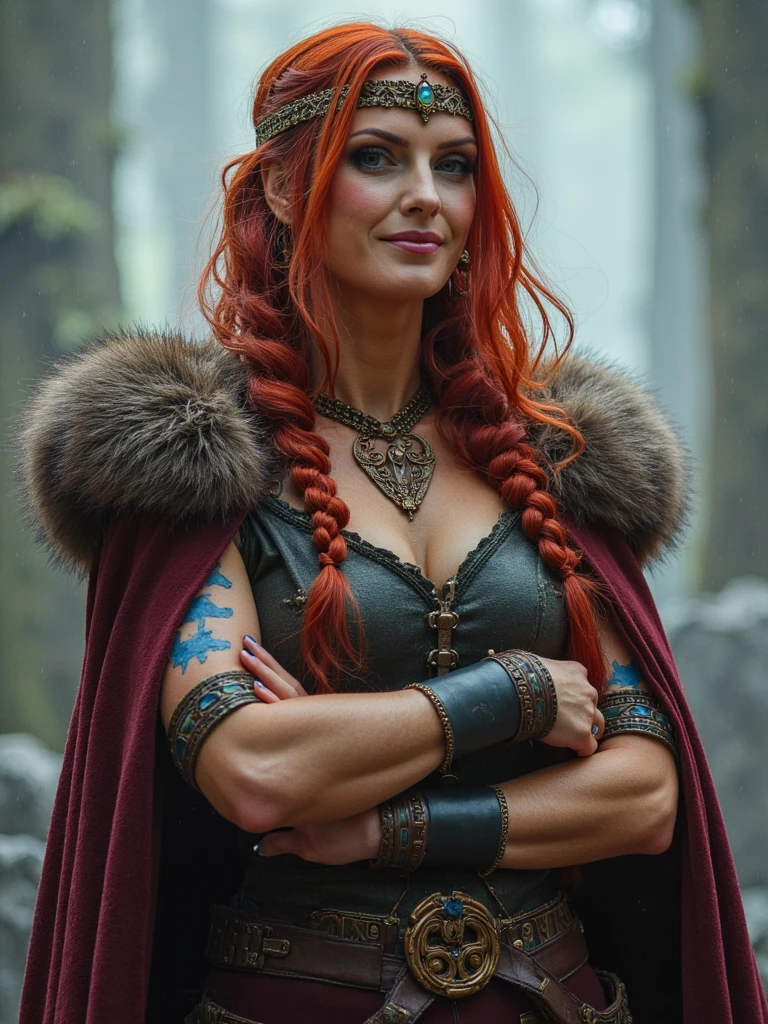 person stylized illustration of her as Boudica, Celtic warrior queen, she is making a determined face, Celtic-inspired crown, fiery hair with intricate braids, dramatic makeup with blue woad symbols on her arms, fur-lined cape, ancient Celtic patterns on clothing, misty atmosphere, fantasy style art