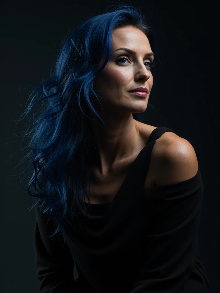 Studio portrait of person with dramatic lighting, long navy blue ombre hair, wearing avant-garde haute couture, intense expression, fine art photography reminiscent of Annie Leibovitz, cinematic composition, rich contrasting shadows, editorial quality, timeless elegance, professional fashion photography, striking pose, artistic depth