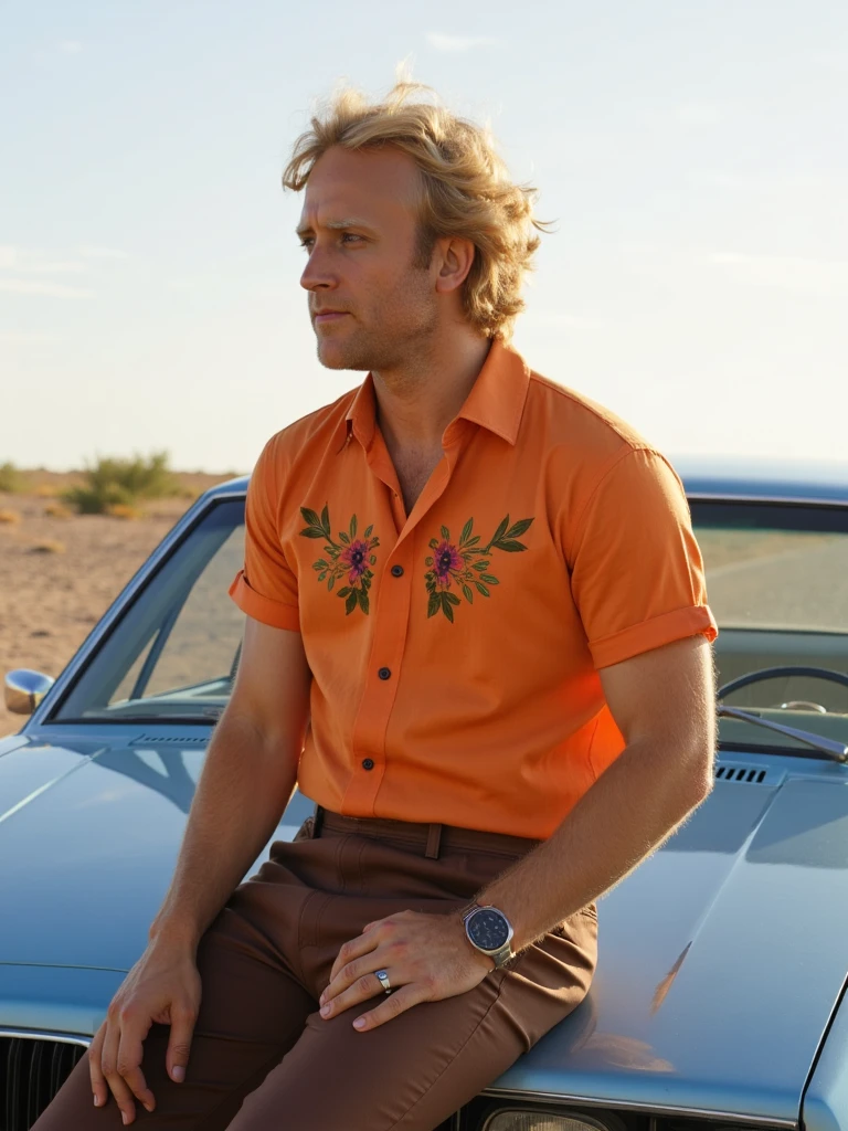 person in the 70's, sitting on the front of a light blue clean vintage car. The camera is fairly close to him, but not too close where you cannot see his outfit. he has a blonde afro. he is wearing brown bellbottoms and an orange button up shirt that has been embroidered with flowers. Shot in wes anderson style, with natural colors and summery lighting. the camera is to the side of him. one of hhis legs is crossed and he is looking at the distant sun. the car is placed on a remote desert road