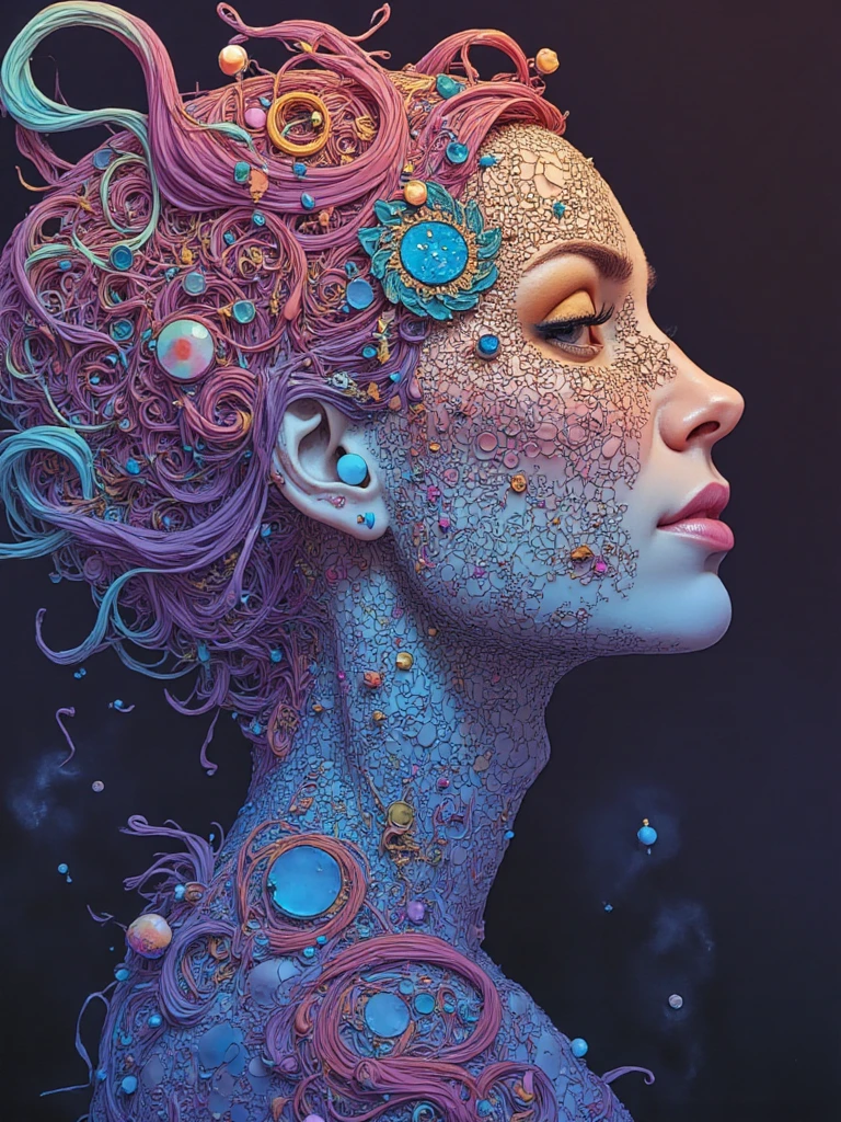 person portrait with face composed of intricate mathematical patterns and golden ratio spirals, serene expression amid complexity, harmony through abstract geometric precision, visual philosophy, symmetry, cells