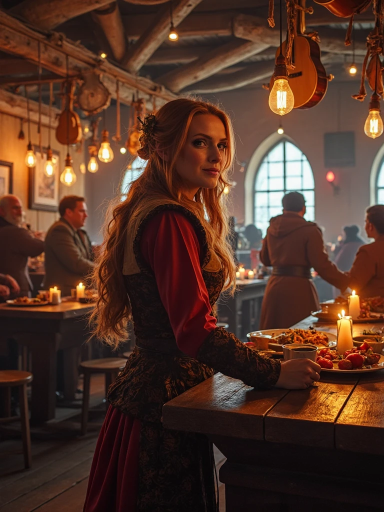 Medieval fantasy portrait of person as a wandering female bard in a bustling tavern, lively patrons, flickering candlelight, musical instruments hanging on walls, fantasy races mingling, hearty feast on wooden tables