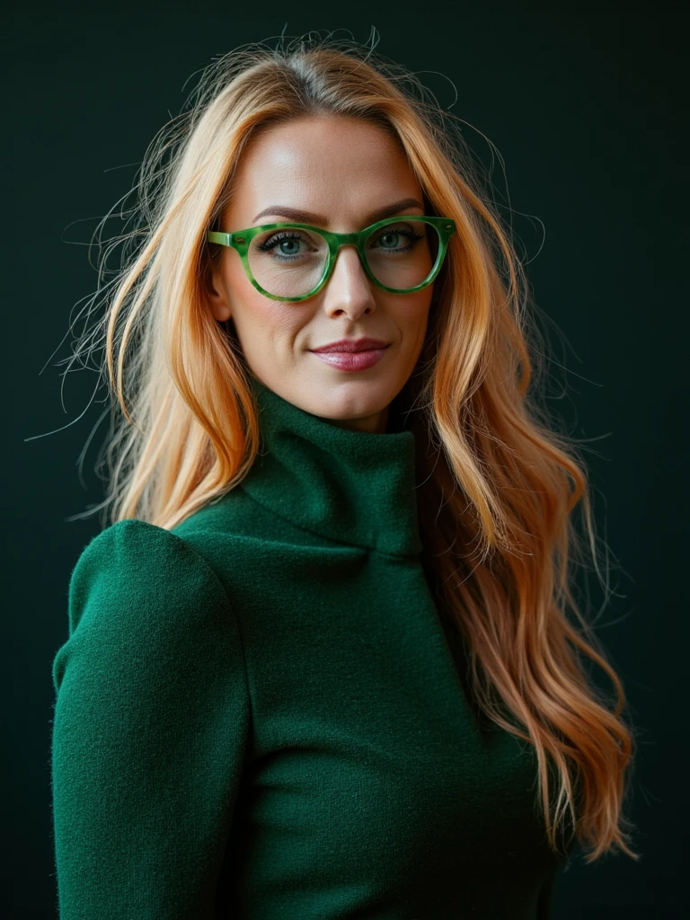 Dramatic fashion editorial, person as the centerpiece, dramatic high collar, professional studio lighting, stark minimalist background, Vogue-style composition, shot by Annie Leibovitz, cinematic color grading, hyper-detailed textures, long blonde hair with layers, she is wearing green-rimmed oval eyeglasses