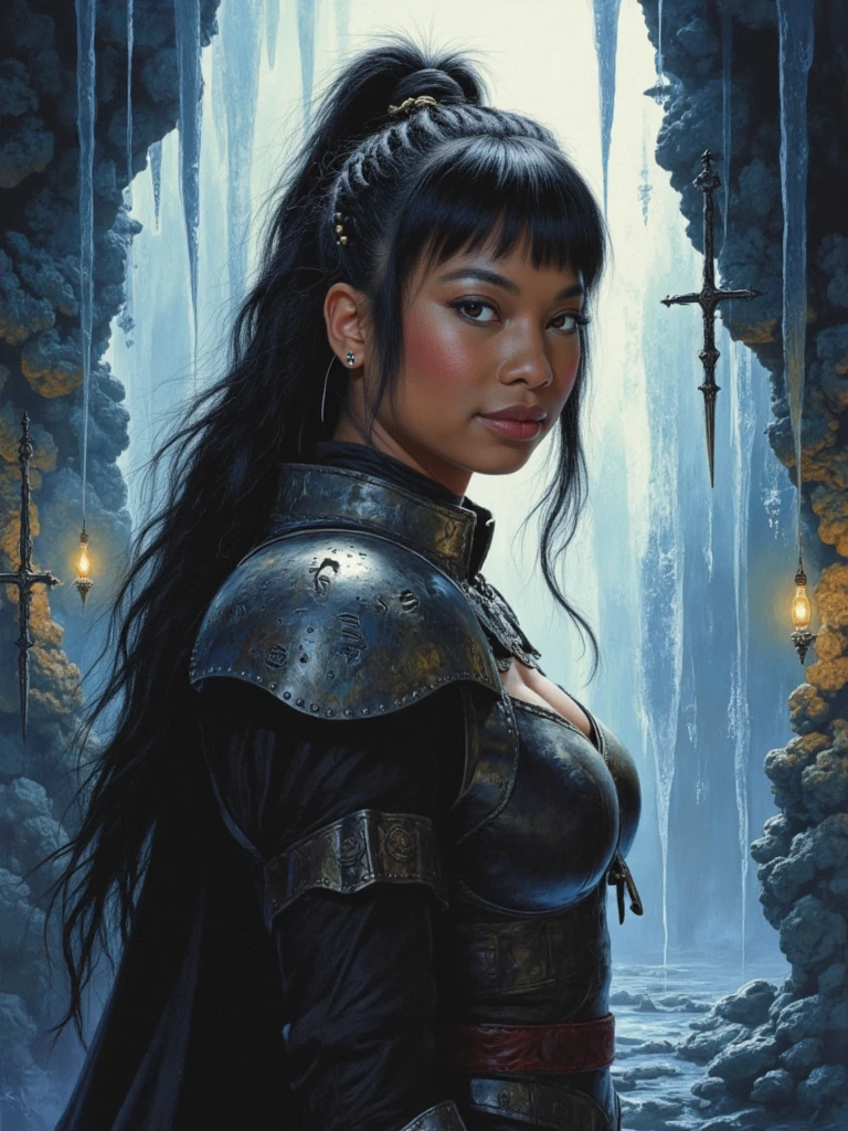 person with determined eyes and fierce expression, intricate braided hairstyle adorned with small metallic beads, wearing ornate battle-worn armor with etched runes that softly glow, standing at the edge of a crystal cavern filled with luminous stalagmites, ancient magical weapons hung on the stone walls behind, wisps of arcane energy swirling around, dramatic lighting casting long shadows, mist rolling across the ground, epic fantasy portrait