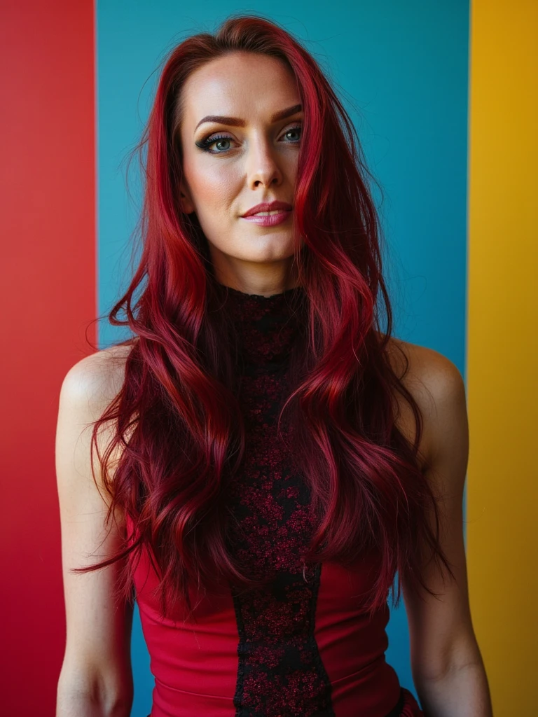 person Edgy fashion studio portrait of her wearing architectural clothing designs, styled with unconventional makeup, she has long ombre maroon hair, against a color-blocked background, sharp focus, inspired by Tim Walker's surrealist fashion photography