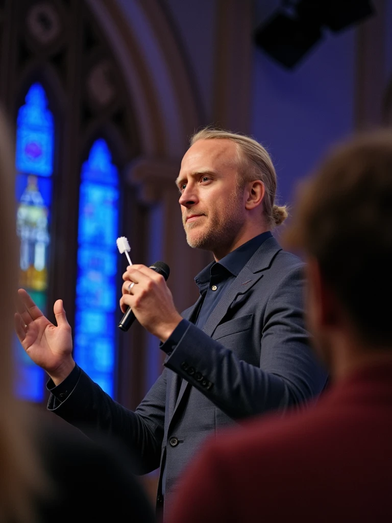A vibrant photo of person as a passionate church pastor on stage, dramatically demonstrating dental hygiene with a floss stick as a prop during an enthusiastic sermon, bright stage lights, ornate church backdrop with stained glass windows, congregation watching in awe, professional lighting, candid moment, 85mm lens