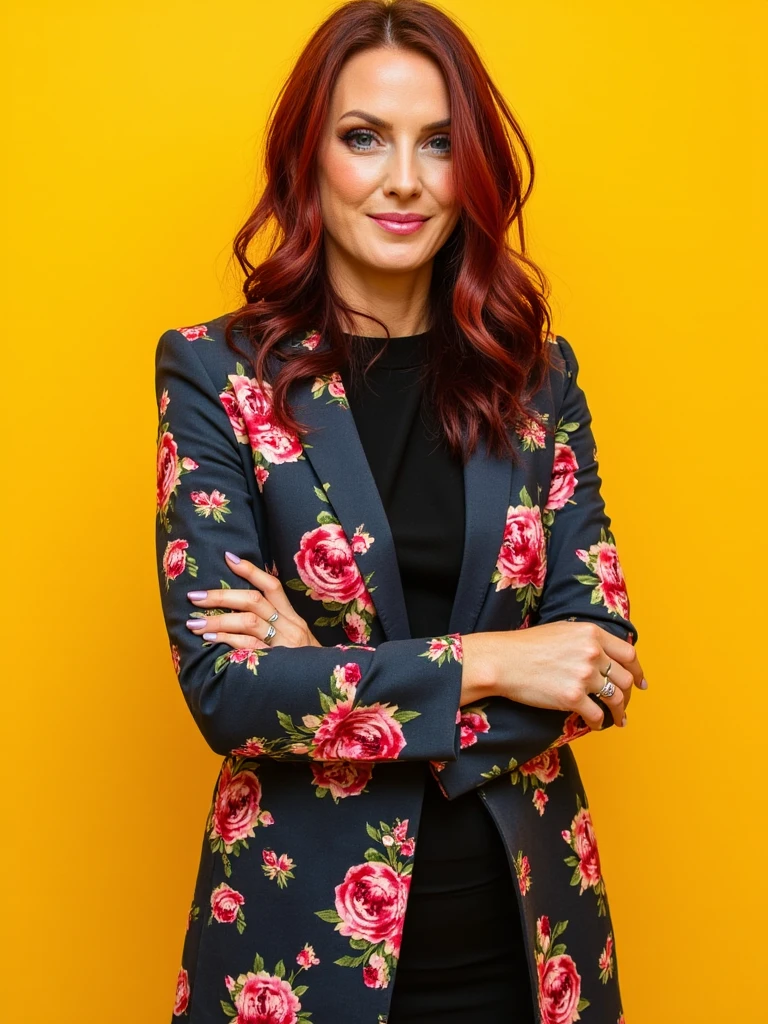 Professional branding photoshoot of person wearing a tailored floral suit coat, she is confidently posed against a bright yellow backdrop, professional studio lighting, sharp focus, corporate portrait style, high-quality DSLR photograph, personal branding, LinkedIn profile, magazine quality, editorial composition