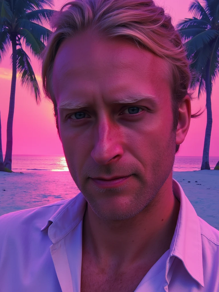 Stylized illustration of person He's looking at the camera. He is at a neon-colored beach in a vaporwave aesthetic, with palm trees, sunset. Miami Vice inspired