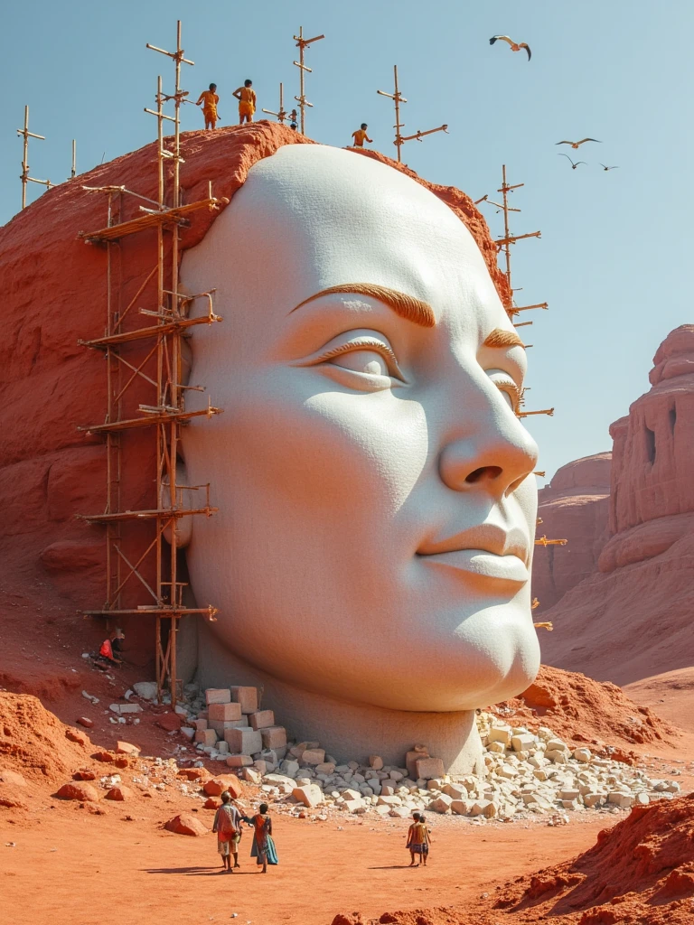 Photorealistic image of a desert in red sand. insert 200 little men working a white rock to carve the face of  person. insert many scaffolding and ladders. insert ropes with men. insert props. insert stacked marble cubes on the ground. add a marble cube being lifted with a winch. add little men. add birds. clear and bright sky.
+ use text