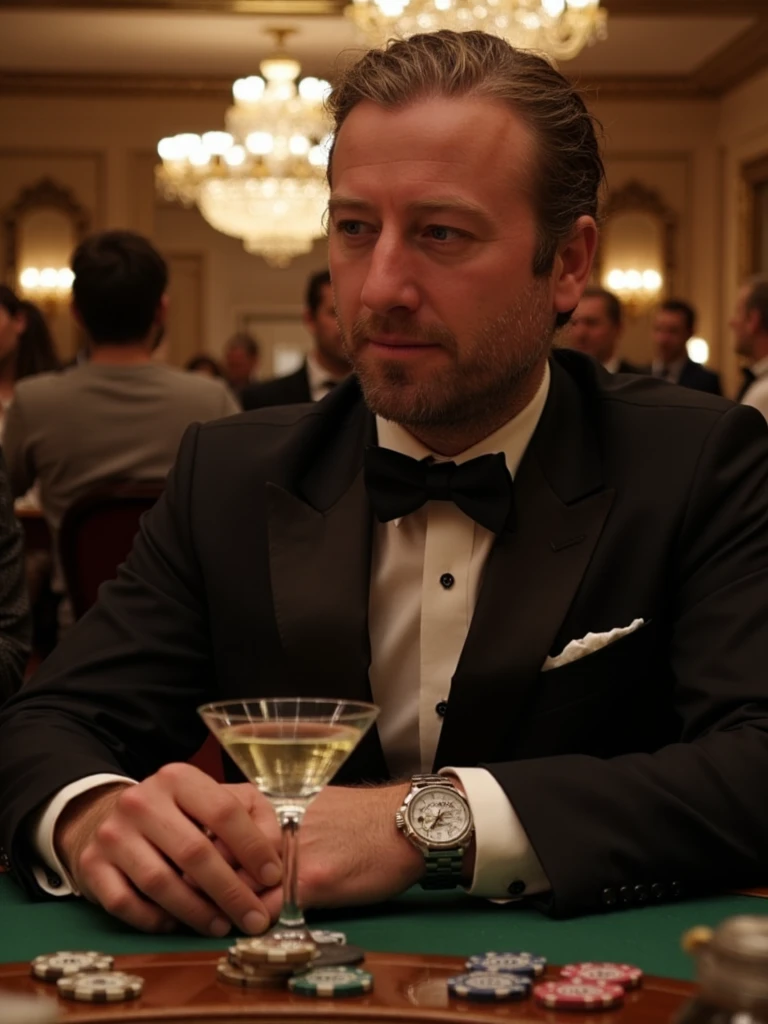 Depict a refined person as an international spy, seated at a high-stakes poker table in an opulent casino. He wears a flawless black tuxedo, a slim watch peeking from his cuff, and his expression is cool and composed. Soft, golden lighting reflects off polished wood and velvet chips, casting deep shadows that frame his face with cinematic drama. A martini glass rests nearby, untouched, while blurred figures and glittering chandeliers fill the background. The mood is tense and elegant—he’s not just playing the game, he’s reading the room.