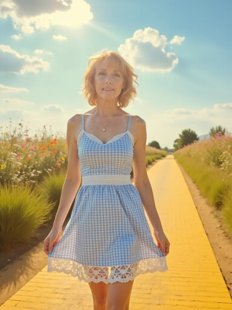 portrait photography of person dressed in a blue gingham dress with white lace trim, standing on a vibrant yellow brick road, surrounded by lush green fields and colorful wildflowers under a bright blue sky. Soft light creates a magical atmosphere, filled with a sense of adventure. The subject strikes a whimsical pose, a light breeze tousling the hem of the dress. Front view, slight angle captures expression, cinematic classic vibes, shot on Canon EOS R5, dreamy, wide angle lens, fairy tale-inspired.