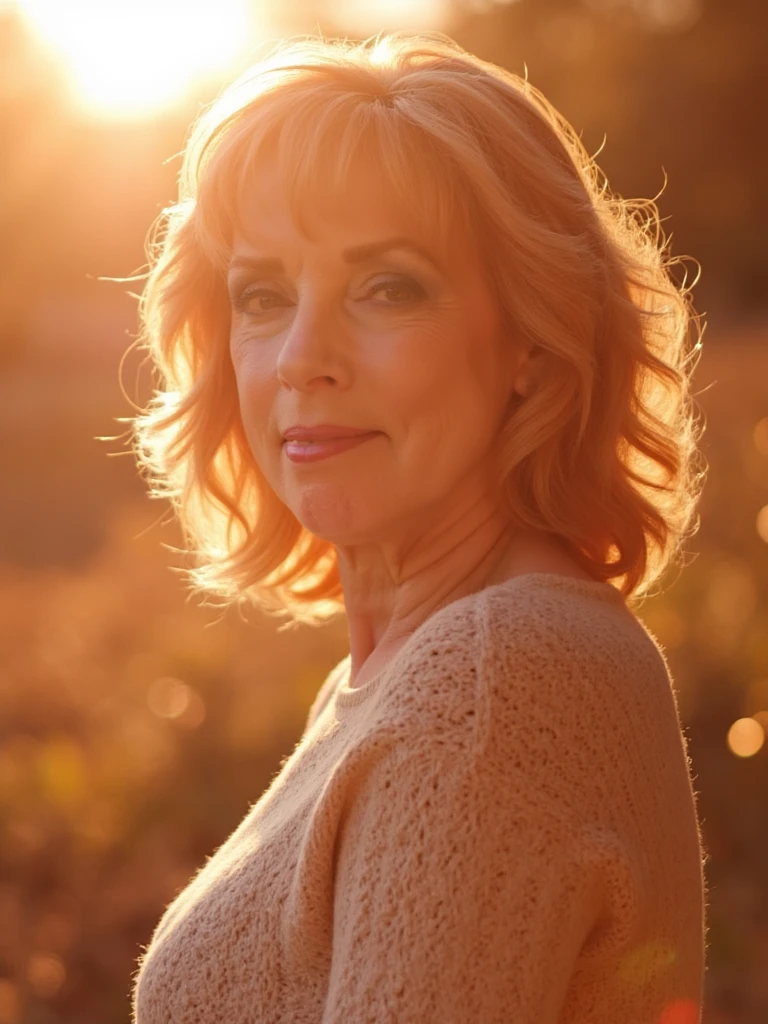 person Soft glamour portrait of a woman bathed in golden hour light, wearing a chunky knit sweater, her hair catching the sunlight, shallow depth of field and creamy bokeh.