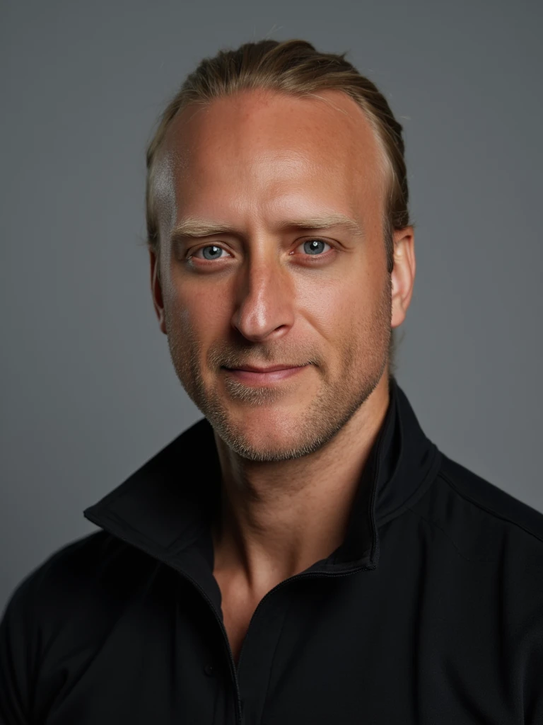 portrait photo of person against a neutral background, high-resolution photography, highly detailed, in the style of Hasselblad X4D camera., professional studio photography., studio lighting, such as a soft grey or navy blue. The lighting must create a warm glow on his face while maintaining a professional atmosphere. Use a Canon EOS 5D Mark IV for its clarity and depth., wearing an all-black tracksuit, with high contrast and studio lighting. Low key lighting