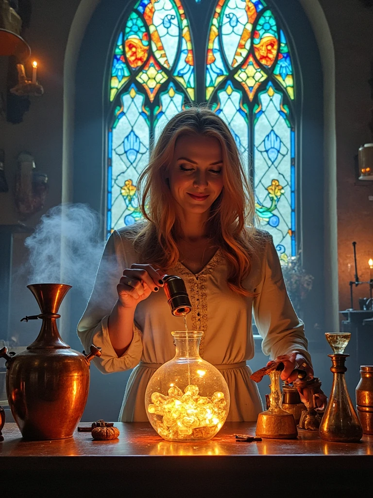 Fantasy book cover featuring person as a woman alchemist brewing potions from starlight, copper laboratory equipment, stained glass windows casting colorful shadows