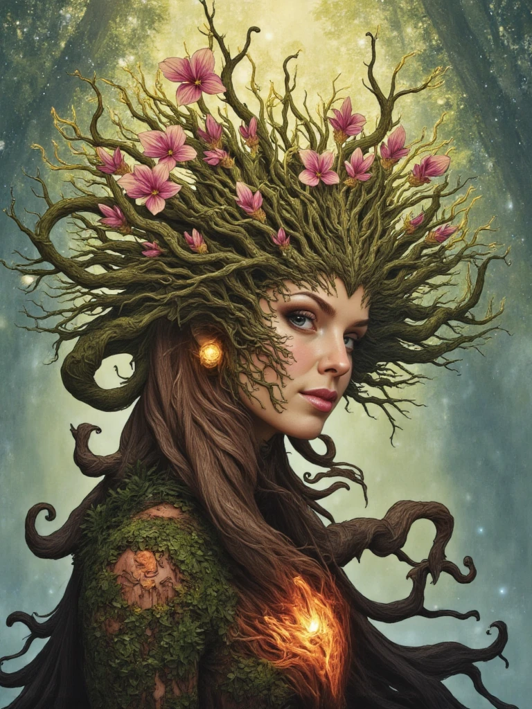 Avant-garde portrait photograph of person transformed into a powerful tree goddess, body adorned with moss and lichen, eyes reflecting primeval forests, intricate wooden crown with blooming orchids, fingertips transitioning into twisting branches, glowing runes carved into bark-like skin, misty forest scene with rays of sunlight