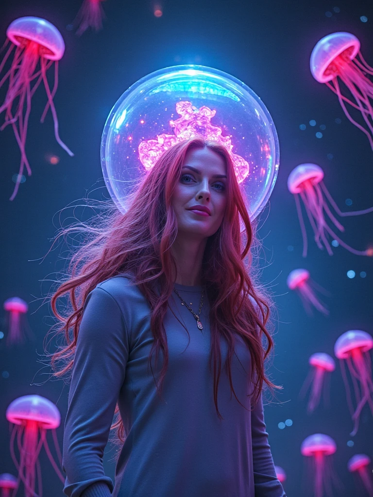 Vibrant digital illustration of person as a cosmic explorer floating through a nebula of bioluminescent jellyfish, wearing a transparent space helmet reflecting prismatic colors