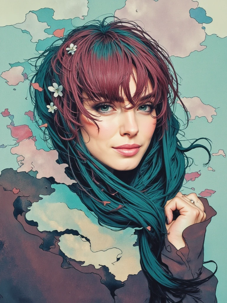 person with her face partially obscured by floating color fields, abstract portrait exploring presence and absence, minimalist approach with maximum emotional impact, negative space as important as positive forms, conceptual depth