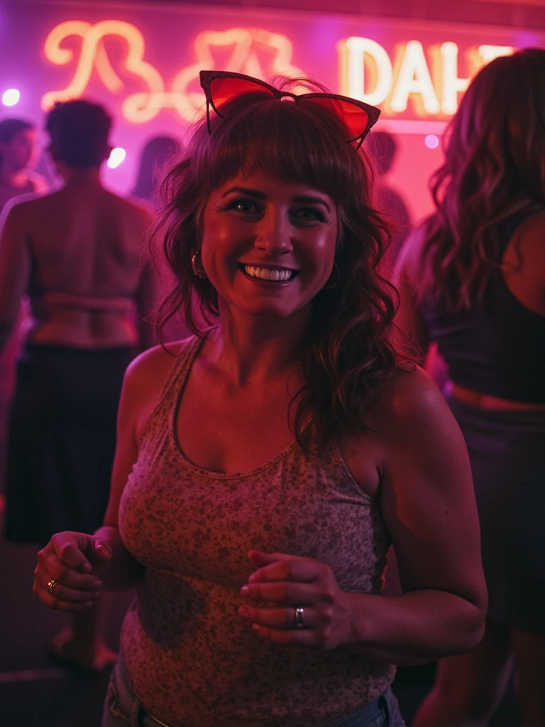 retro digicam photo of person dancing in a club with psychedelic inspired lights. Film grain, front flash. She's smiling and having a good time.