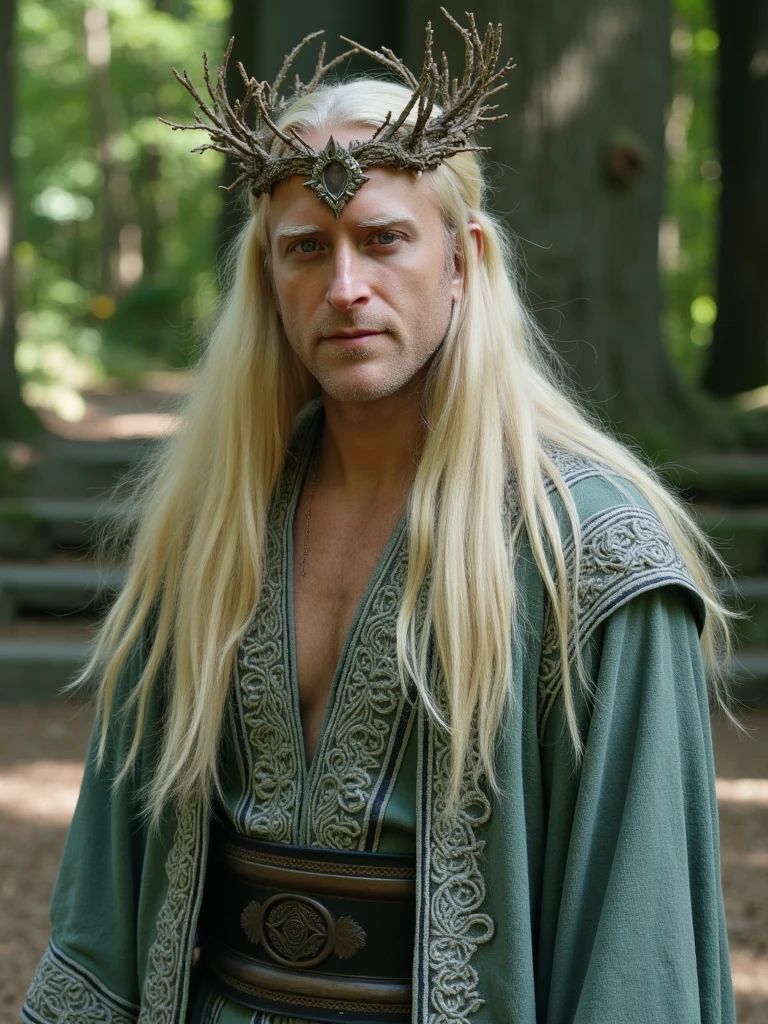 Cinematic portrait of person as Thranduil, Elven King of the Woodland Realm, with long platinum blonde hair flowing past shoulders, adorned with a tall crown of  branches and berries, piercing blue eyes with an ancient wisdom, regal posture, haughty, wearing ornate silver and emerald robes with intricate woodland patterns, standing in a dappled forest light, soft focus background of stone throne, ethereal atmosphere, inspired by Peter Jackson's visual style, 8k hyperrealistic photography