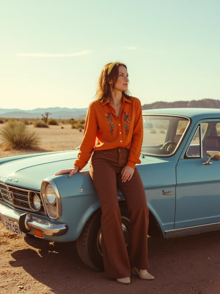 person in the 70's, sitting on the front of a light blue clean vintage car, she has a yellow headband on. The camera is fairly close to her, but not too close where you cannot see her outfit. She is wearing brown bellbottoms and an orange button up shirt that has been embroidered with flowers. Shot in wes anderson style, with natural colors and summery lighting. the camera is to the side of her. one of her legs is crossed and she is looking at the distant sun. the car is placed on a remote desert road