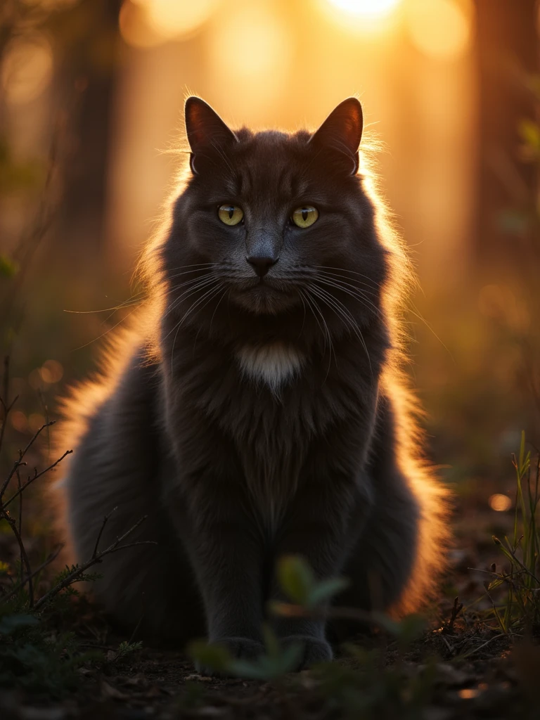 cat with whiskers forward and ears perked, eyes locked in hypnotic hunter's stare, shrouded in mystical morning haze, golden rim lighting outlining its silhouette against dark forest floor, stunning wildlife portrait with shallow depth of field