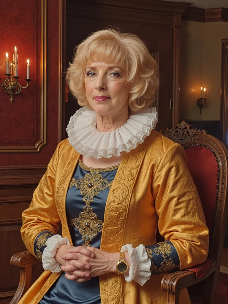 Renaissance style portrait painting of person, depicted in a lavish and ornate room often found in upper-class 16th-century residences. Wearing opulent gold embroidered robes and a large white roccoco wig, richly layered with luxurious blues and a ruffled collar, they exude an aura of nobility. The room is softly illuminated by candlelight, casting delicate flickering shadows across the richly adorned fabric. The ambiance is regal and sophisticated. High Renaissance detail, rich textures, muted color palette, chiaroscuro.