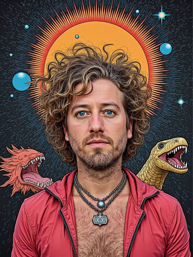 an illustration poster inspired by the movie The labyrinth of Pan.The poster is centered on person depicted as Ziggy Stardust. In the style of Jack Kirby, psychedelic colors and shapes