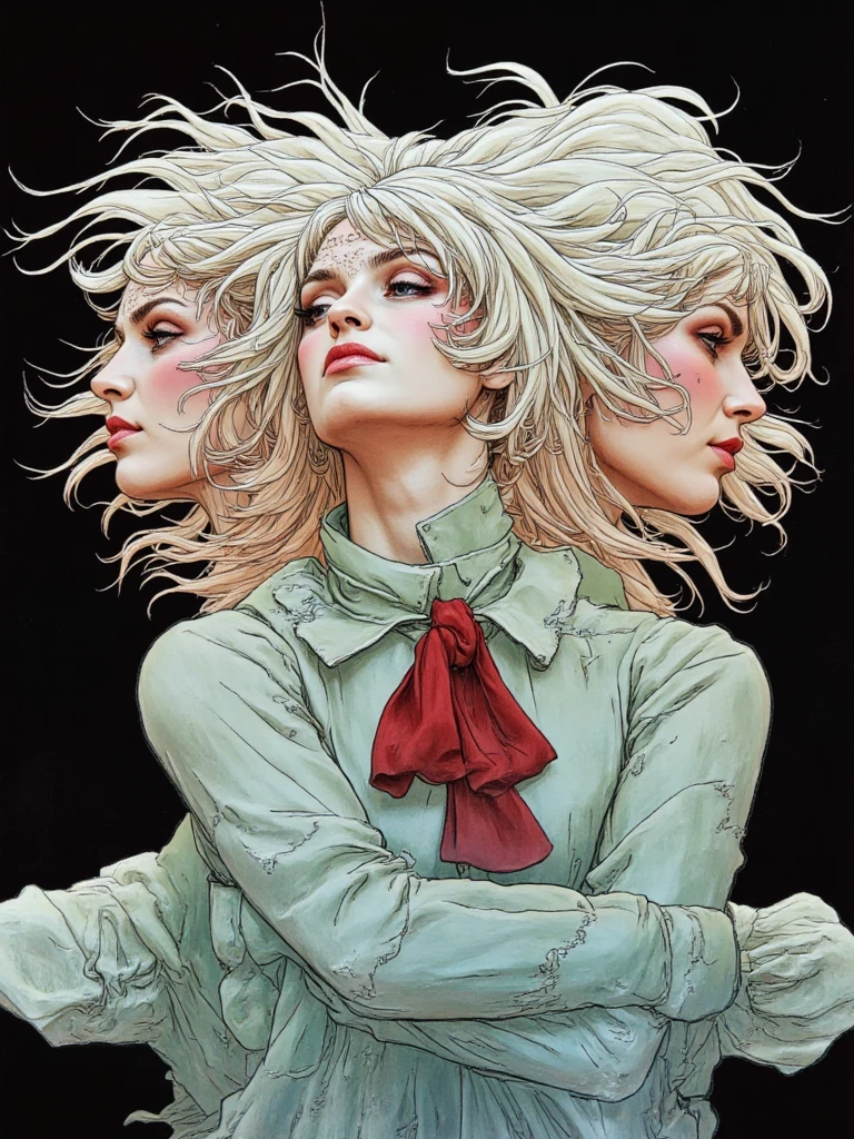 person surrounded by fragmented mirror reflections that multiply her thoughtful expression, conceptual portrait with intersecting lines and curves, negative space defining her silhouette, monochromatic palette with a single red accent