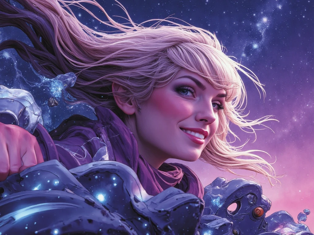 Portrait of person speeding through space, facing the camera with windswept hair flowing dramatically, eyes gleaming with exhilaration and wonder, a confident smile across the face, wearing a sleek iridescent flight suit with glowing circuit patterns, cosmic nebulas and streaking stars blur past in the background creating motion trails of violet and cyan, asteroids whizzing by in the periphery, hair catches prismatic light from distant galaxies, face illuminated by the ethereal glow of passing celestial bodies