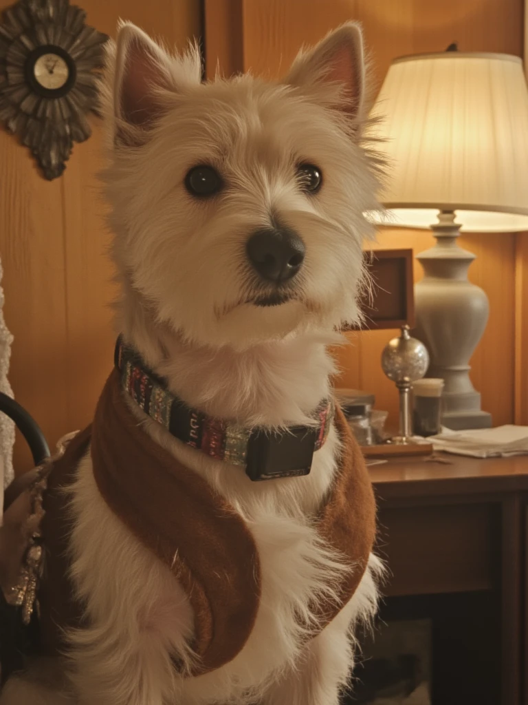 dog with expressive eyes and a curious tilt of the head, wearing a tiny suede fringe vest, against a wood-paneled background, warm amber lighting, 1970s sunburst clock on the wall, beaded curtain partially visible