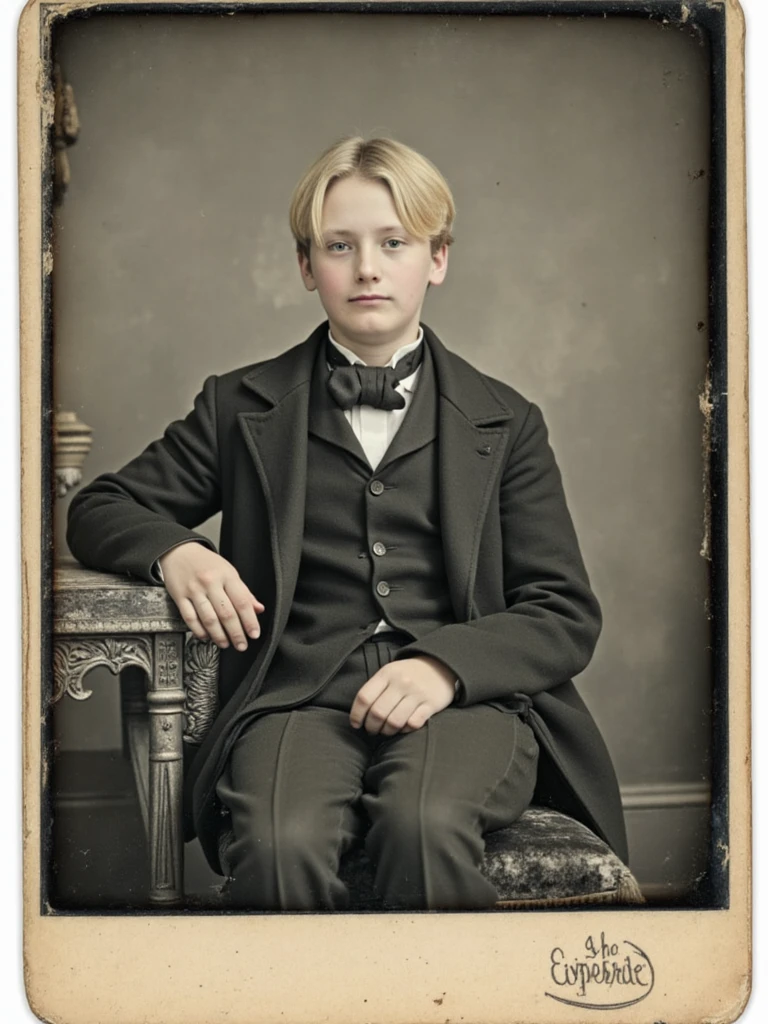 person black and white cabinet card photograph, 1880s style with soft focus, sitting pose against ornate chair,  studio photographer's logo embossed at bottom