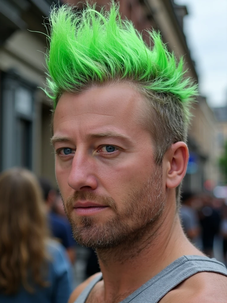 Editorial photography of person with a very tall green mohawk
