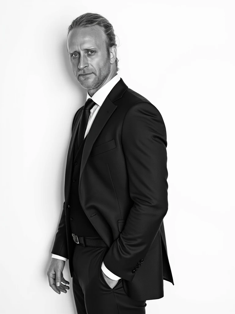 Black and white studio photograph of person in high fashion couture against stark white background, backlit dramatic lighting creating bold shadows and contours, minimalist composition with emotional intensity, crisp details, fashion portrait reminiscent of Richard Avedon's iconic style, he is a tall athletic man in an elegant and dynamic pose with psychological depth