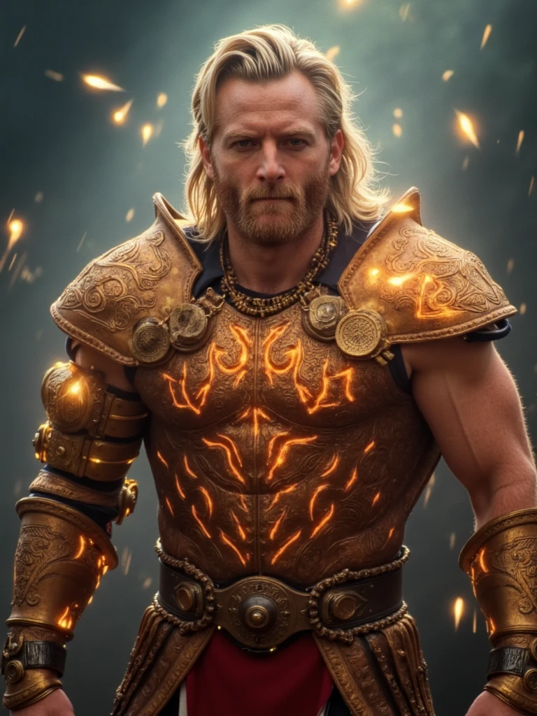 Stylized illustration of person as a fantasy character, elvish features, ornate armor with glowing runes, surrounded by dancing magical light particles, detailed fantasy world, digital concept art style