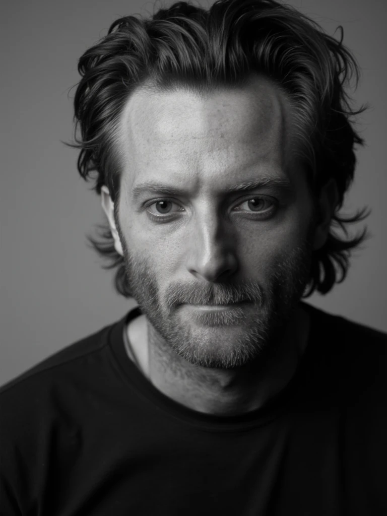 High-fashion studio photograph of person with intentional camera motion blur, sharp focus on eyes while rest of portrait suggests dynamic movement, monochromatic color scheme, experimental photography with strobe light effect