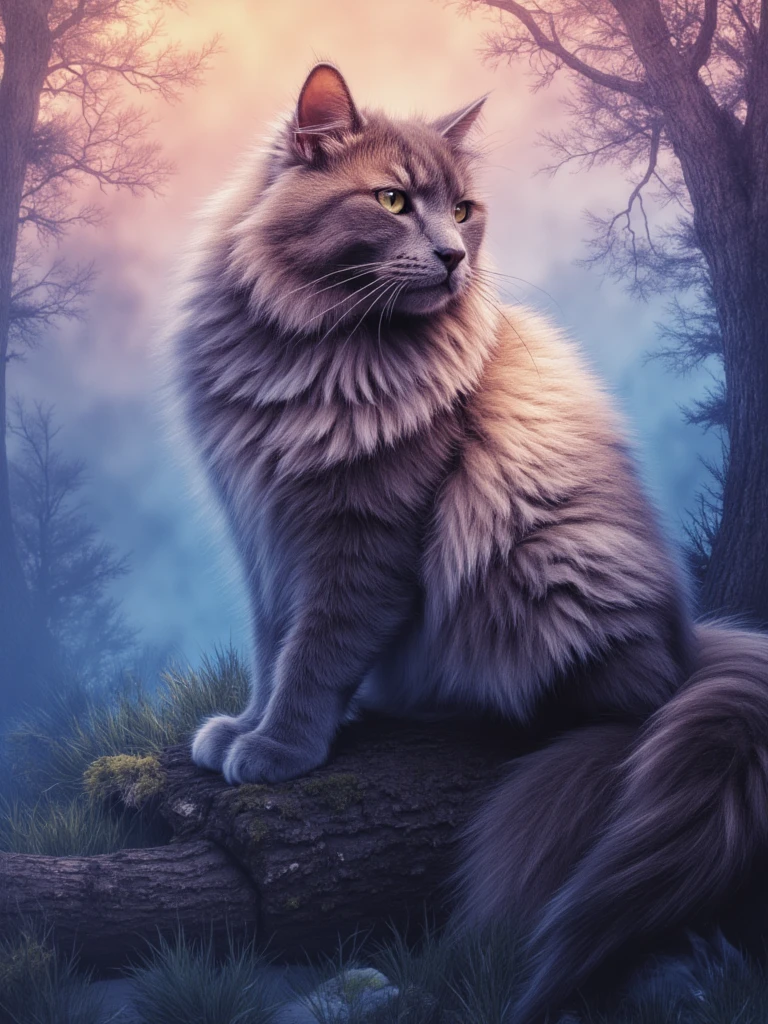 cat perched majestically on a moss-covered log