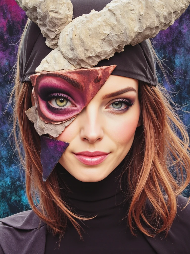 person with striking angular features, face fragmented into geometric planes and bold shapes, asymmetrical eyes with different colors, cubist-inspired portrait with overlapping perspectives, abstract background with fractured color fields, dramatic shadows creating depth, emotional intensity captured through distortion, conceptual artistic interpretation blending reality and abstraction, rich saturated colors contrasting with muted tones