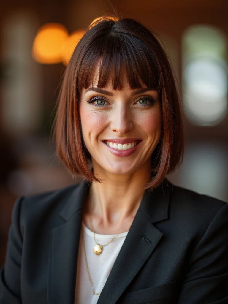 person professional portrait photograph, business attire, confident smile, warm studio lighting, natural makeup, sleek bob haircut with bangs, earthy tones, bokeh effect