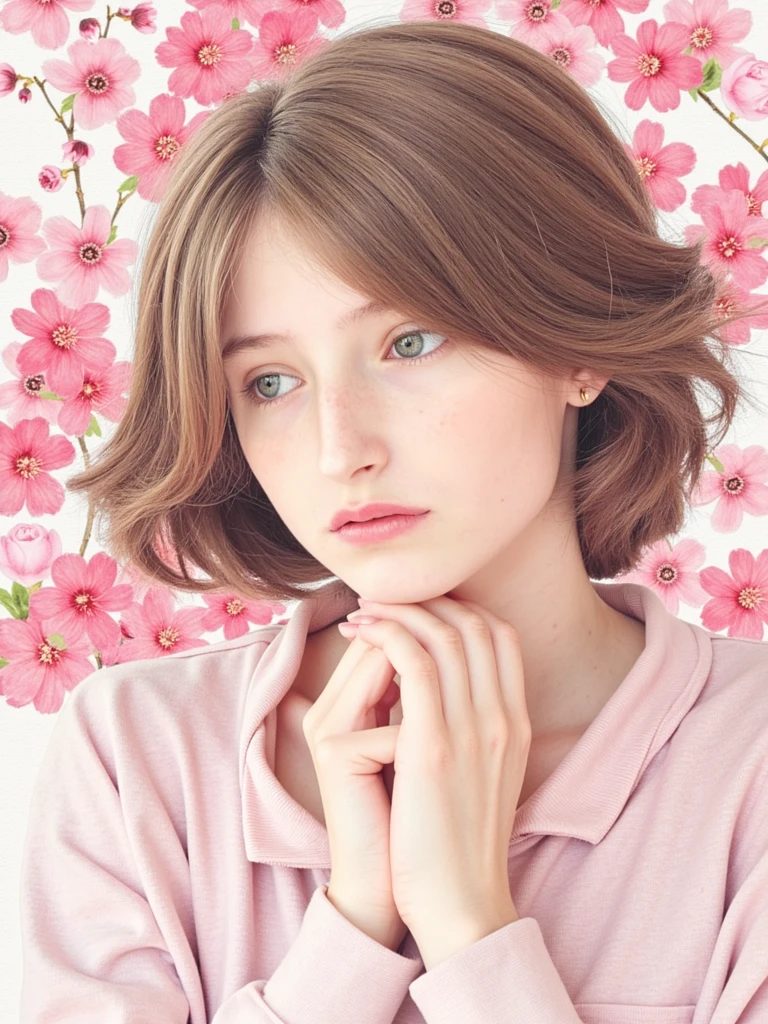 Watercolor painting of person in a blooming cherry blossom garden, soft pastel colors, delicate brushstrokes, serene expression, detailed face with gentle lighting