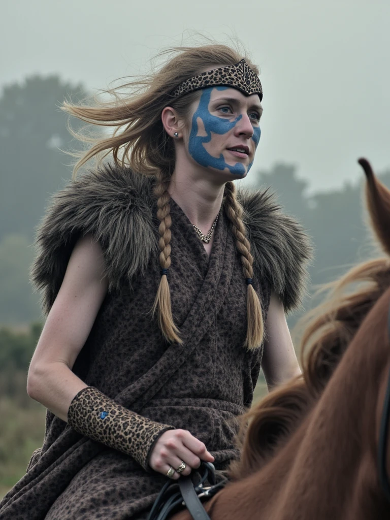 person historic photograph of her as Boudica, Celtic warrior queen sitting on a horse looking away to the right, she has blue war paint all over her face, she is making a determined face, Celtic-inspired crown, fiery hair with intricate braids, dramatic makeup with blue woad symbols on her arms, fur-lined cape, ancient Celtic patterns on clothing, misty atmosphere,