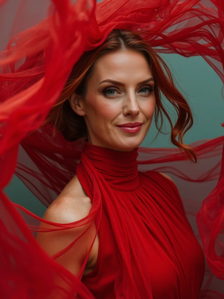 Dynamic closeup editorial portrait of person surrounded by a tornado of flowing red silk, frozen in midair, each fold sharply detailed, background seamless mint. Subject in crisp focus, fabric in motion blur for dramatic energy, couture runway aesthetic.