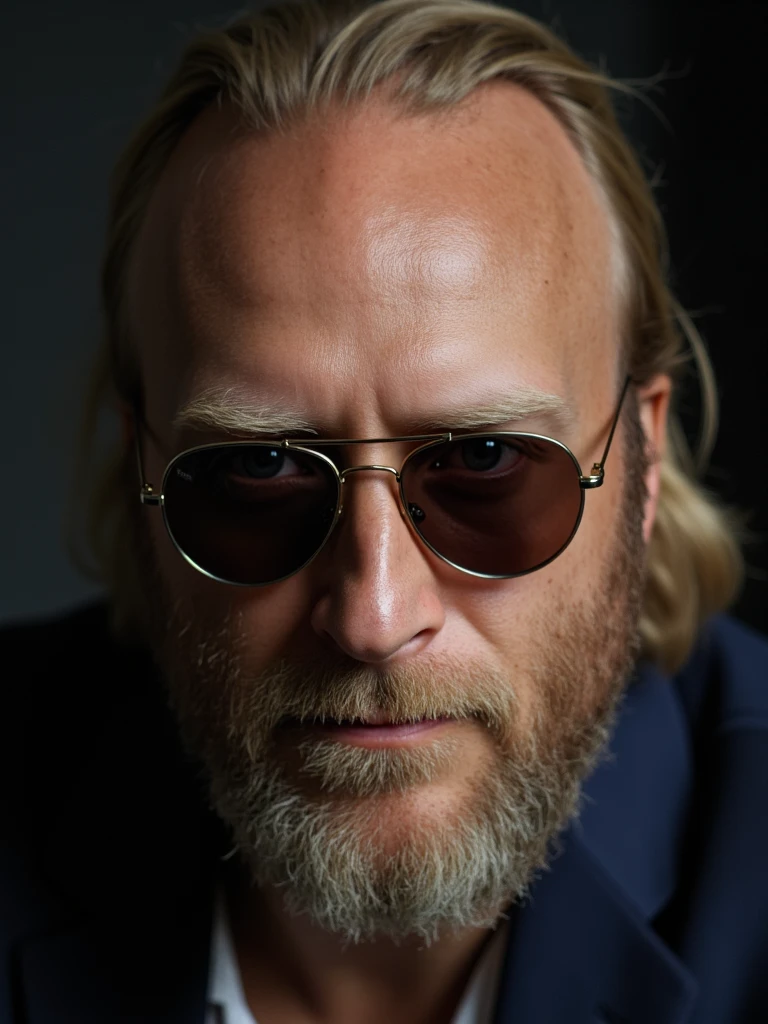 person professional studio portrait, perfect Rembrandt lighting highlighting cheekbone, film grain texture, shallow depth of field, intense gaze directly at camera, rich color grading, subtle bokeh, he has a long beard, he is bald, he is wearing reflective sunglasses
