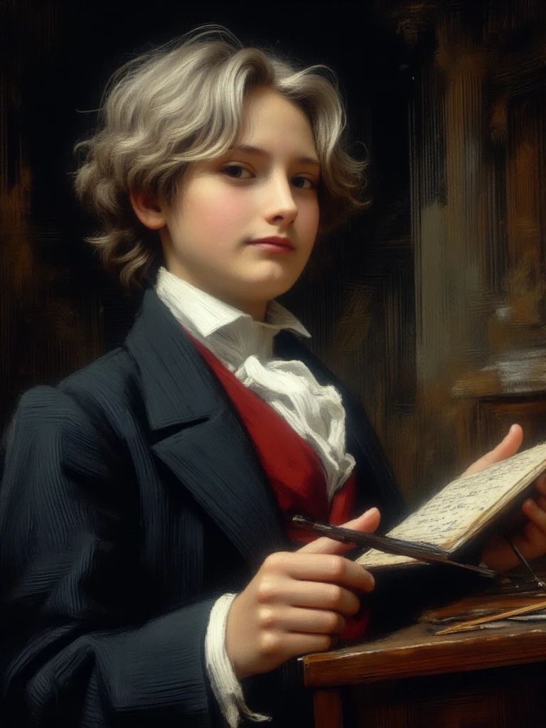 A dramatic classical oil painting portrait of person, inspired by Beethoven’s iconic portrait. He has expressive, slightly disheveled, windswept hair with silver highlights catching the light. He wears a dark coat with a wide white collar and a bold cravat, with rich folds of fabric painted in detail. The expression is intense and serious, as if deep in thought while composing. He holds a manuscript and quill in hand, surrounded by a dark, moody background. Painted in 19th-century Romantic style with visible brushstrokes, deep shadows, and a timeless, museum-quality finish.
