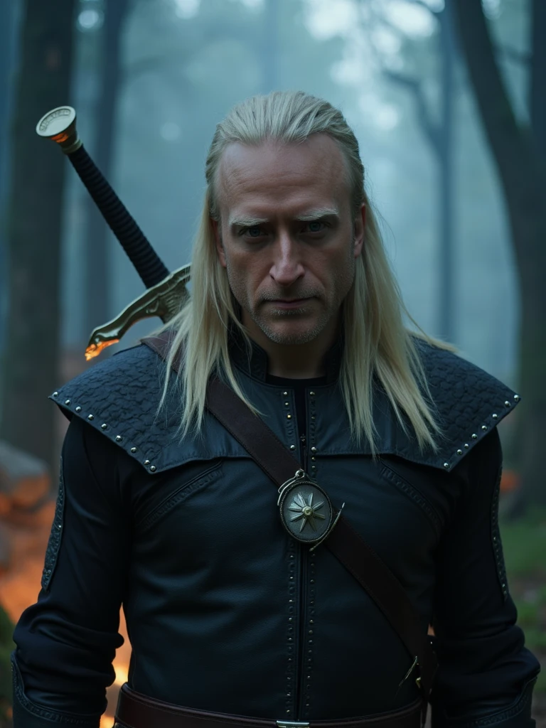 Cinematic portrait of person as Geralt of Rivia, the witcher, with piercing yellow cat-like eyes, long white hair, and facial scars. Wearing dark leather armor with silver studs, medallion around neck. Standing in a misty forest at dusk, sword drawn, monsters lurking in shadows. Moody lighting with blue and orange tones, shallow depth of field, photorealistic rendering in style of fantasy movie poster.