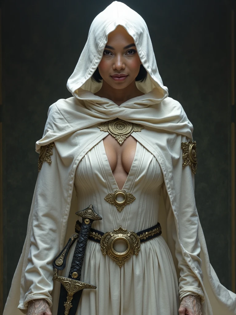 Fantasy illustration of person as a mystical assassin, white cloak with gold accents, mysterious intelligent eyes beneath deep hood, intricate fantasy daggers at belt, she lurks in the shadows