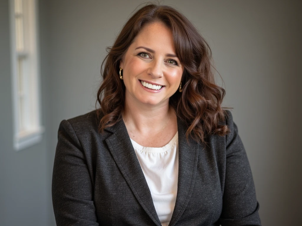 professional headshot photograph of person, subject at center, blurred background, they're wearing a fitted blazer with a subtle pattern over a crisp white shirt, studio setting with neutral backdrop, soft diffused lighting to enhance complexion, look is composed and confident, high resolution, classic film stock, shot on Canon EOS C200