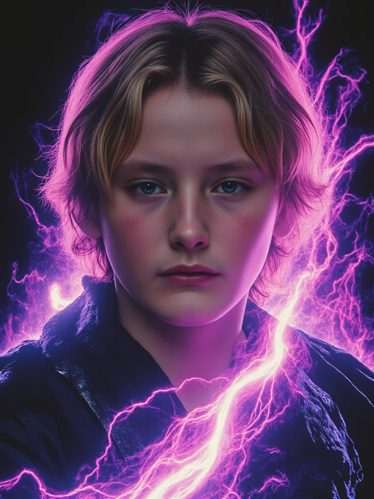 person illustrated fantasy hero portrait, neon-outlined silhouette, 80s movie poster style, cosmic energy swirling, detailed face with determined expression, magical aura, lightning effects, gradient color scheme, floating magical runes