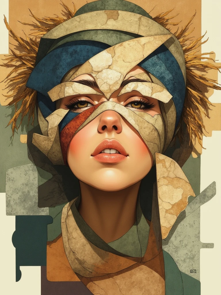 A cubist-inspired portrait of a person with striking eyes and geometric facial planes, wearing an elaborate head wrap constructed from layered fabric, textured paper, and woven grass elements, fragmented angular features with multiple perspectives visible simultaneously, mixed media collage aesthetic with visible paint strokes, cloth patches in earth tones and deep blues, dried grass fibers creating texture around the crown, torn paper pieces forming shadow and light across cheekbones, warm smile suggested through abstracted shapes, background of overlapping geometric forms in muted ochre and sage green