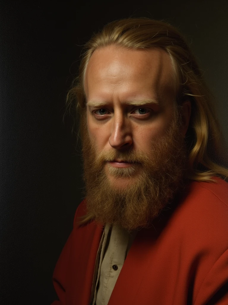 Renaissance-style painting of person with dramatic chiaroscuro lighting, rich fabrics, detailed facial features