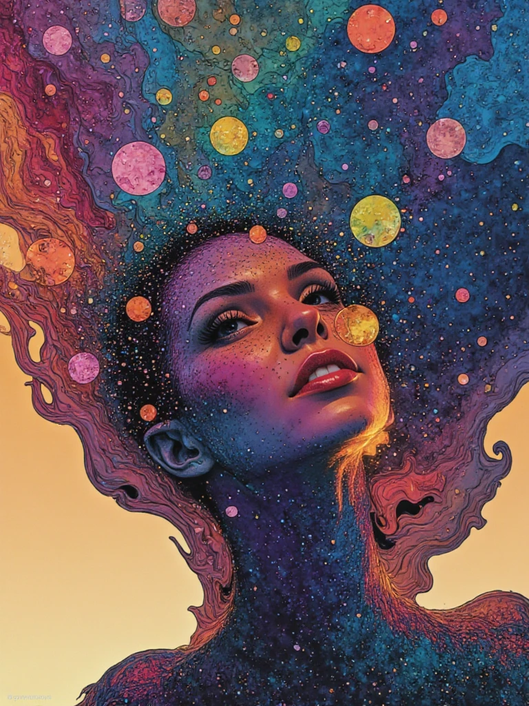 person portrayed as emerging from a shower of colorful abstract equations, mathematical symbols forming facial contours, expressive eyes calculating possibilities